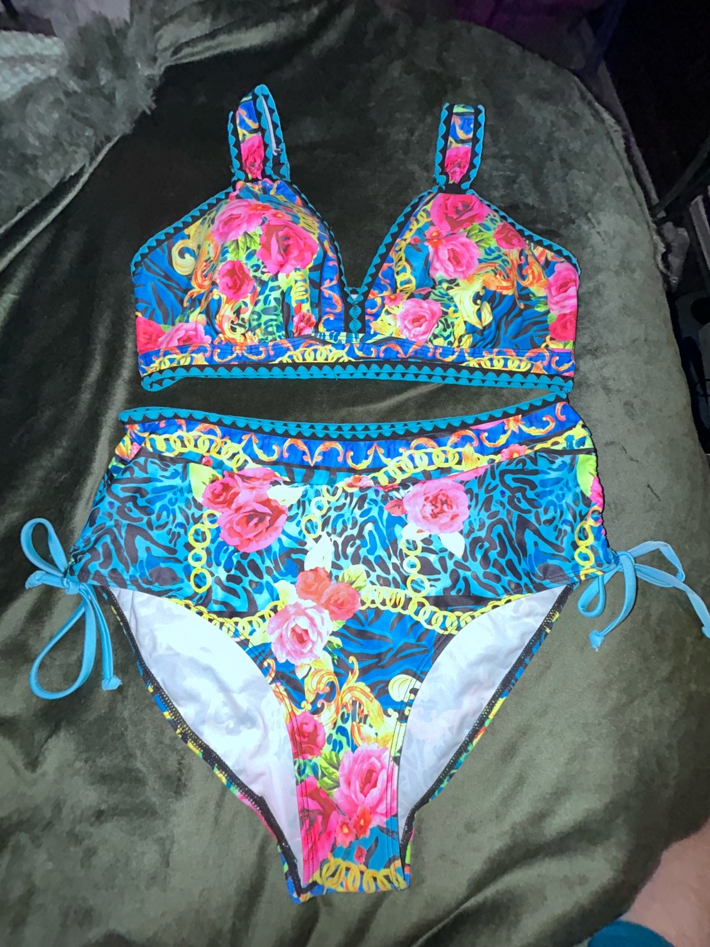 High-Waist Floral Print Bikini Set in Bright Blue